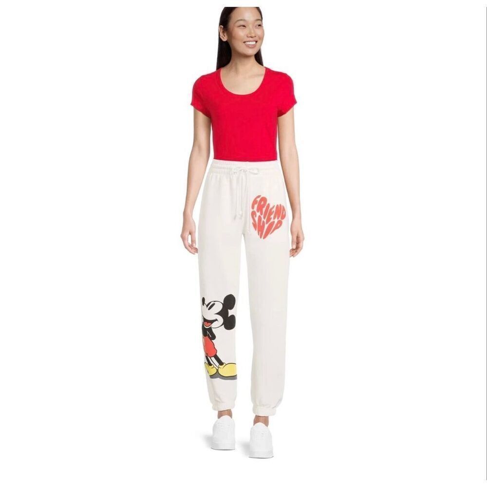 Disney Juniors Soft Fleece Mickey Mouse Graphic Jogger Pants White Pockets Sz L